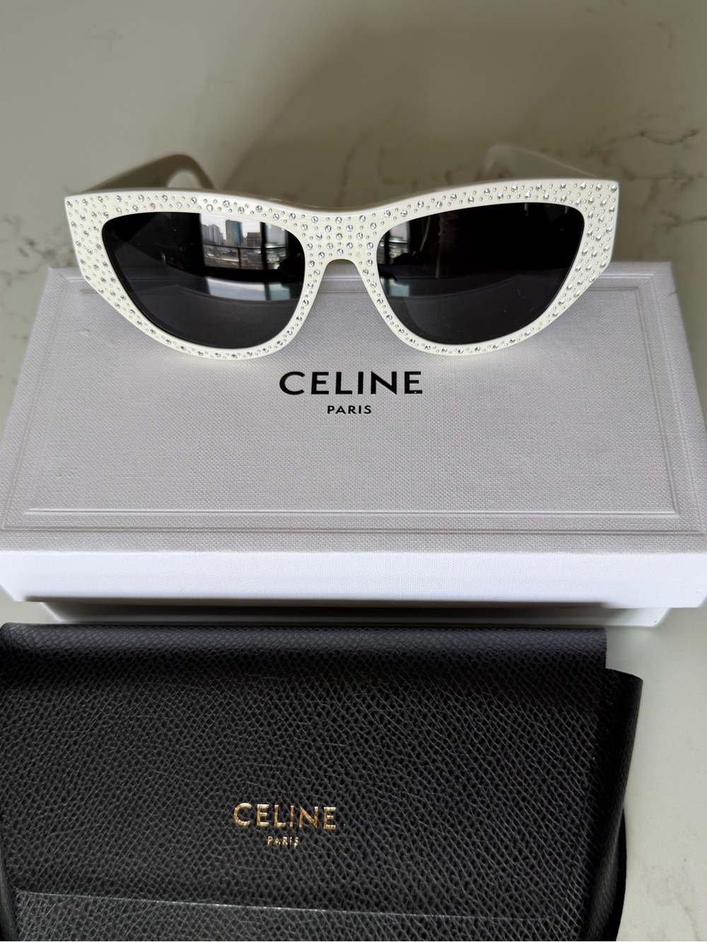 Celine White Crystal-Embellished Cat Eye Sunglasses